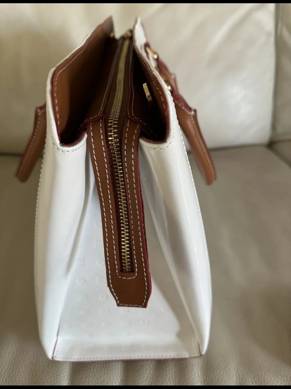 Arcadia Italian Leather White,Brown & Red Piping Patent Bag.